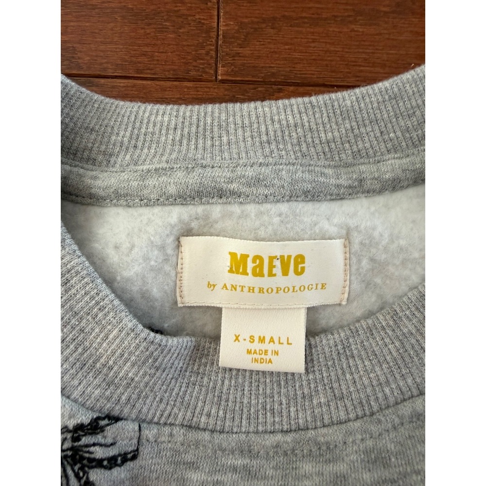 Maeve by Anthropologie Bow Print Embroidered Sweatshirt Puff Sleeve Gray Sz XS - Picture 4 of 9